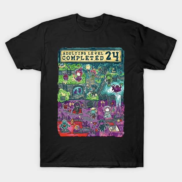 Adulting Level 24 Completed Birthday Gamer T-Shirt by Norse Dog Studio